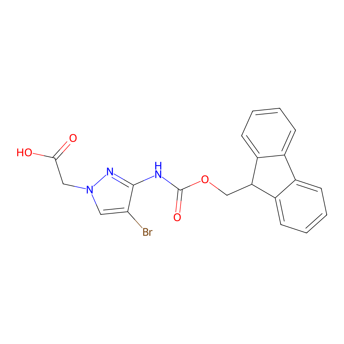 2-[4-bromo-3-({[(9H-fluoren-9-yl)methoxy]carbonyl}amino)-1H-pyrazol-1-yl]acetic acid molecular structure, CAS 2137541-92-3