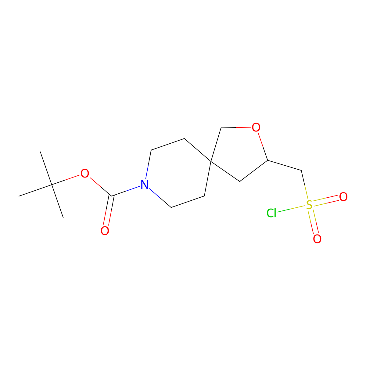 Tert-butyl 3-((chlorosulfonyl)methyl)-2-oxa-8-azaspiro(4.5)decane-8-carboxylate molecular structure, CAS 2137543-68-9