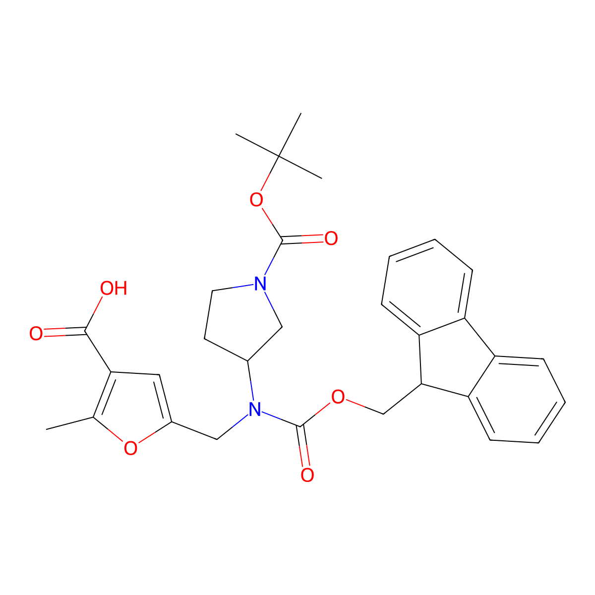 5-[({1-[(tert-butoxy)carbonyl]pyrrolidin-3-yl}({[(9H-fluoren-9-yl)methoxy]carbonyl})amino)methyl]-2-methylfuran-3-carboxylic acid molecular structure, CAS 2137548-61-7