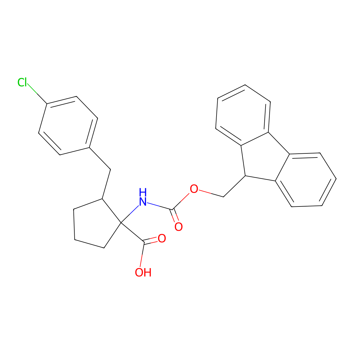 2-[(4-chlorophenyl)methyl]-1-({[(9H-fluoren-9-yl)methoxy]carbonyl}amino)cyclopentane-1-carboxylic acid molecular structure, CAS 2137550-60-6