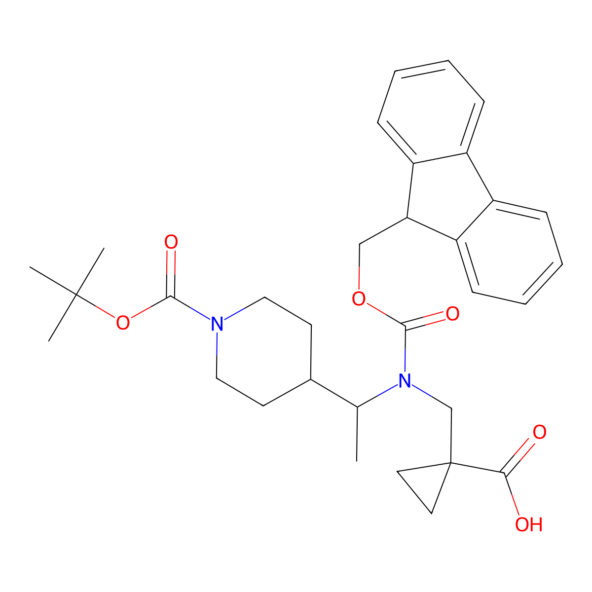 1-{[(1-{1-[(tert-butoxy)carbonyl]piperidin-4-yl}ethyl)({[(9H-fluoren-9-yl)methoxy]carbonyl})amino]methyl}cyclopropane-1-carboxylic acid molecular structure, CAS 2137559-46-5