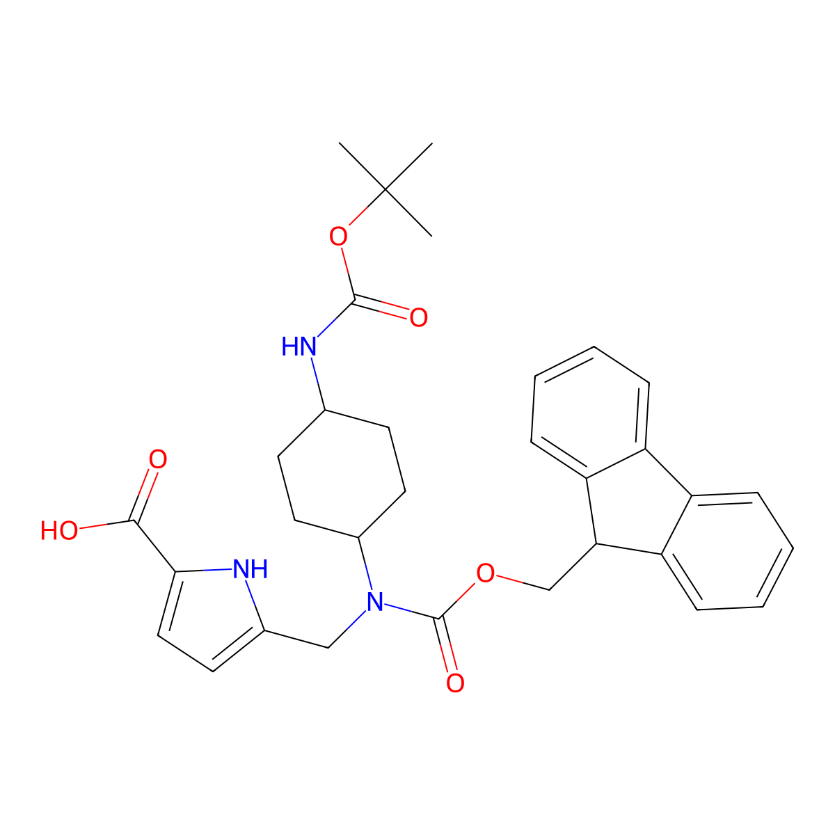 5-(((((9H-fluoren-9-yl)methoxy)carbonyl)(4-((tert-butoxycarbonyl)amino)cyclohexyl)amino)methyl)-1H-pyrrole-2-carboxylic acid molecular structure, CAS 2137568-41-1