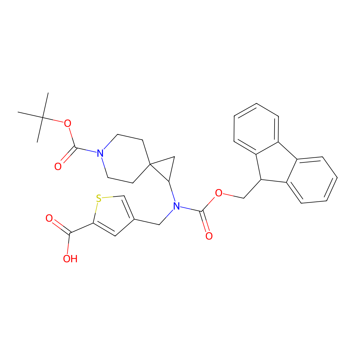 4-[({6-[(tert-butoxy)carbonyl]-6-azaspiro[2.5]octan-1-yl}({[(9H-fluoren-9-yl)methoxy]carbonyl})amino)methyl]thiophene-2-carboxylic acid molecular structure, CAS 2137577-42-3