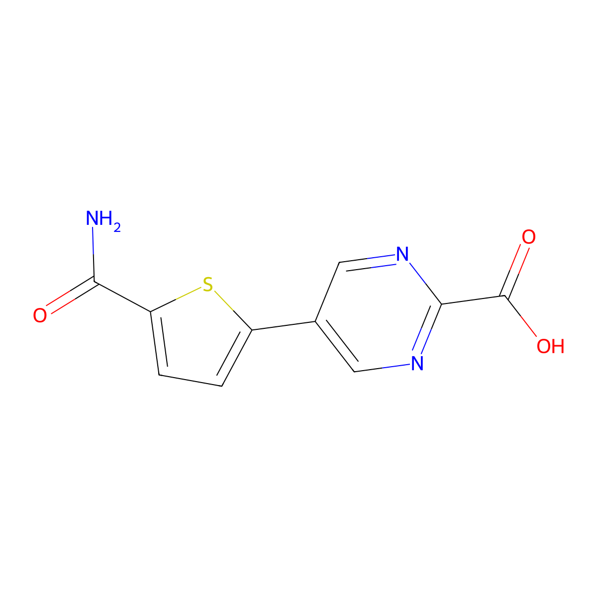 5-(5-Carbamoylthiophen-2-yl)pyrimidine-2-carboxylic acid molecular structure, CAS 2137586-30-0
