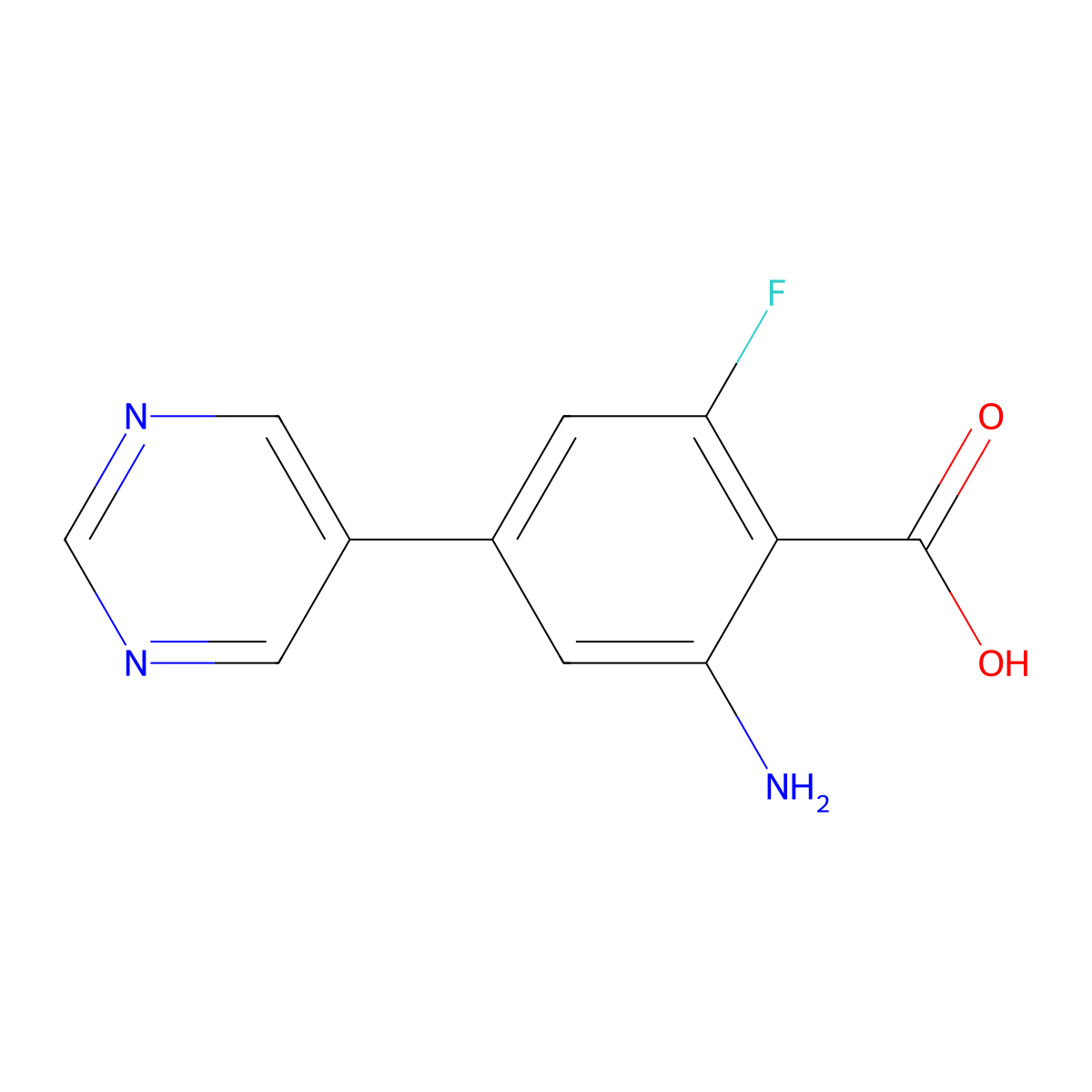 2-Amino-6-fluoro-4-(pyrimidin-5-yl)benzoic acid molecular structure, CAS 2137590-27-1