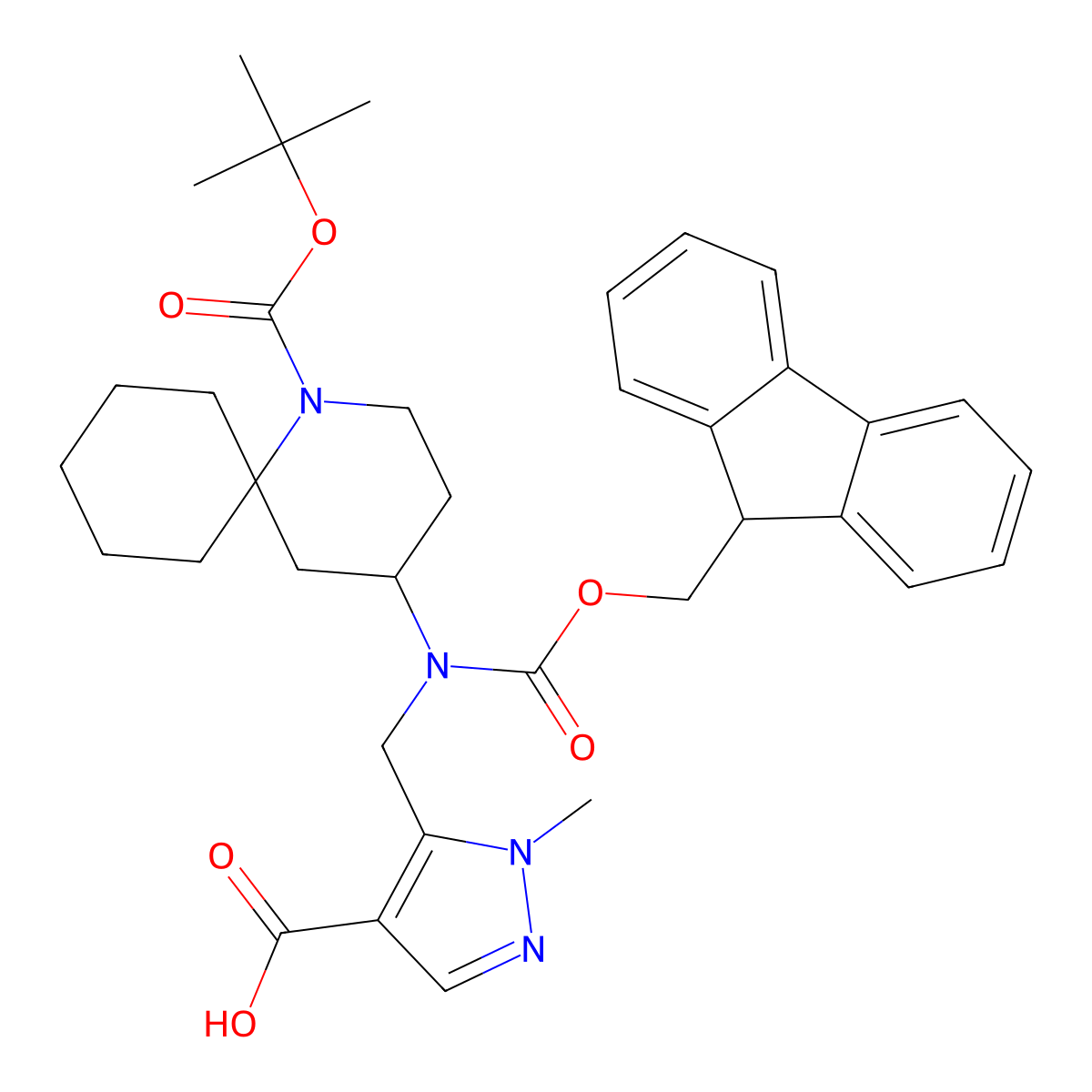 5-[({1-[(tert-butoxy)carbonyl]-1-azaspiro[5.5]undecan-4-yl}({[(9H-fluoren-9-yl)methoxy]carbonyl})amino)methyl]-1-methyl-1H-pyrazole-4-carboxylic acid molecular structure, CAS 2137591-11-6