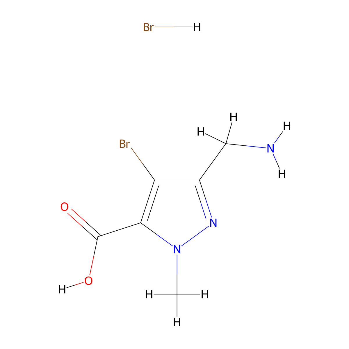 3-(aminomethyl)-4-bromo-1-methyl-1H-pyrazole-5-carboxylic acid hydrobromide molecular structure, CAS 2137604-66-9