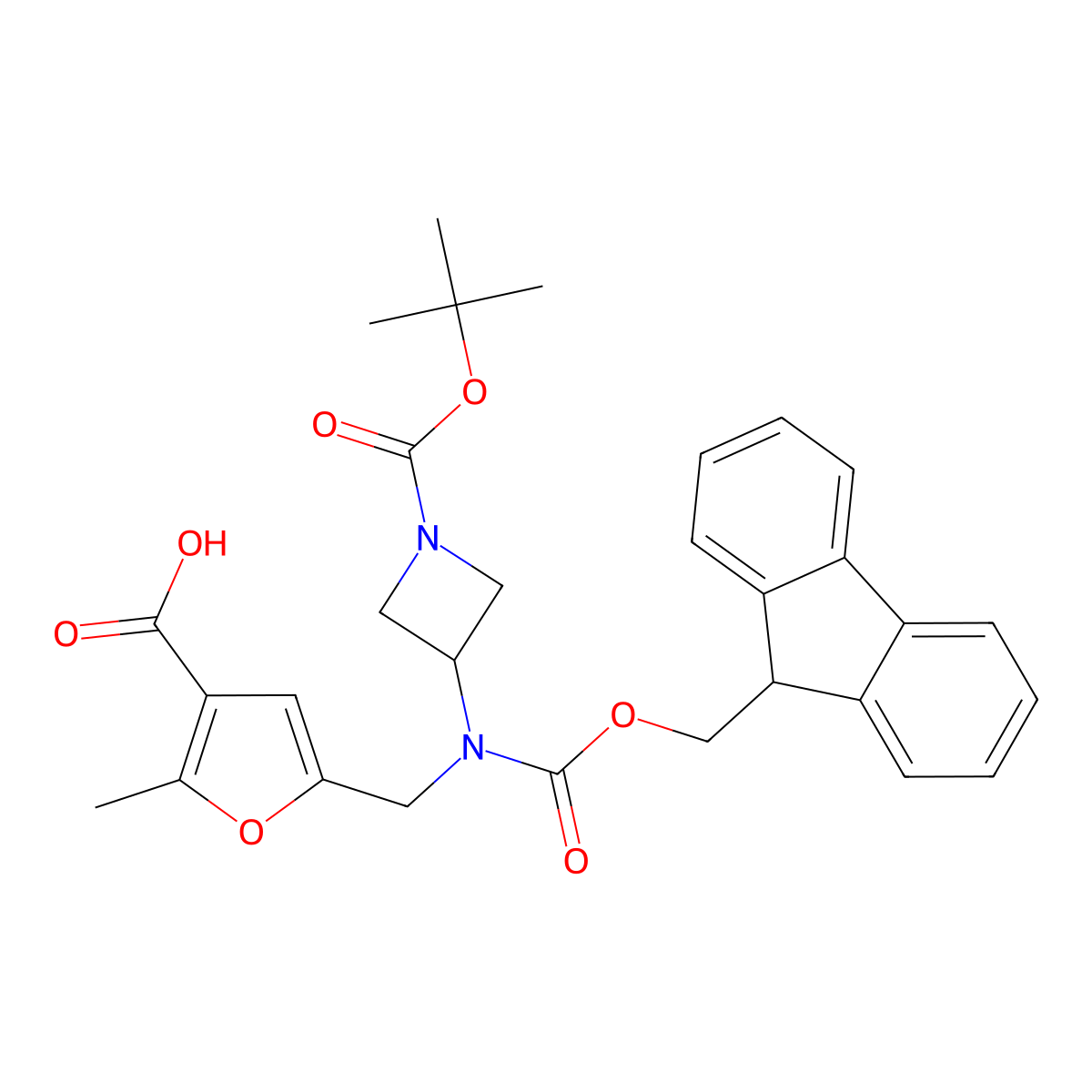 5-[({1-[(tert-butoxy)carbonyl]azetidin-3-yl}({[(9H-fluoren-9-yl)methoxy]carbonyl})amino)methyl]-2-methylfuran-3-carboxylic acid molecular structure, CAS 2137608-60-5