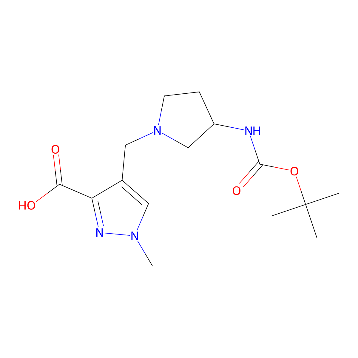 4-[(3-{[(tert-butoxy)carbonyl]amino}pyrrolidin-1-yl)methyl]-1-methyl-1H-pyrazole-3-carboxylic acid molecular structure, CAS 2137619-24-8