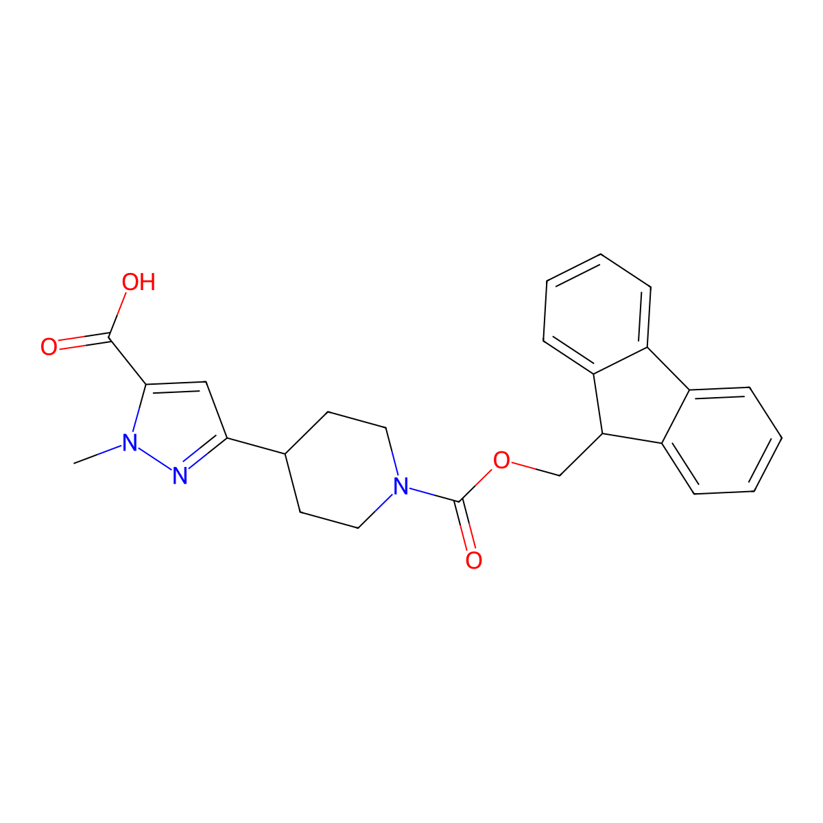 3-(1-{[(9H-fluoren-9-yl)methoxy]carbonyl}piperidin-4-yl)-1-methyl-1H-pyrazole-5-carboxylic acid molecular structure, CAS 2137635-02-8
