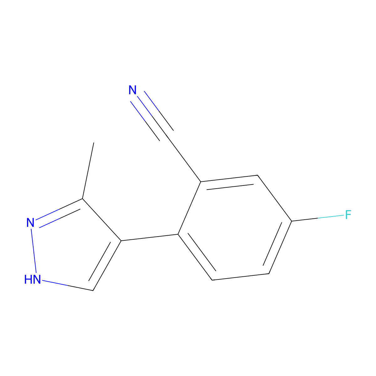 5-fluoro-2-(3-methyl-1H-pyrazol-4-yl)benzonitrile molecular structure, CAS 2137636-61-2