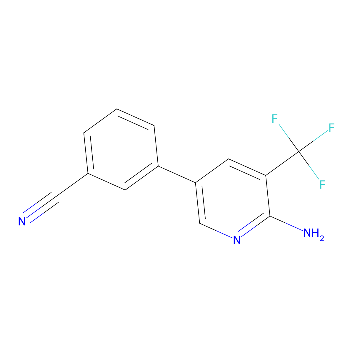 3-[6-Amino-5-(trifluoromethyl)pyridin-3-yl]benzonitrile molecular structure, CAS 2137639-31-5