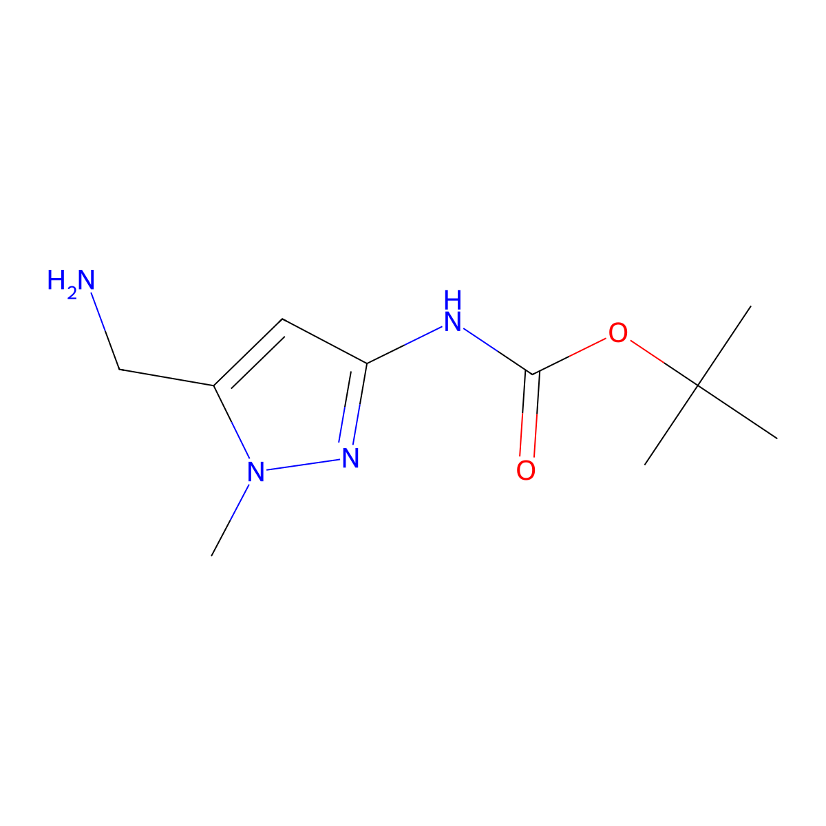 tert-butyl N-[5-(aminomethyl)-1-methyl-1H-pyrazol-3-yl]carbamate molecular structure, CAS 2137641-90-6