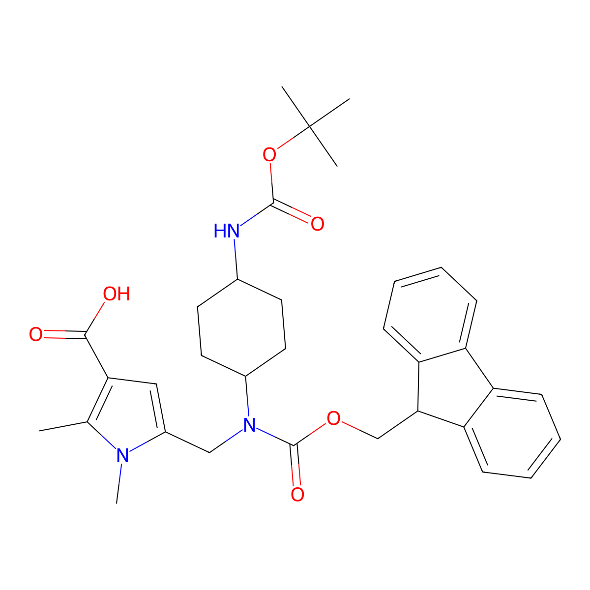 5-{[(4-{[(tert-butoxy)carbonyl]amino}cyclohexyl)({[(9H-fluoren-9-yl)methoxy]carbonyl})amino]methyl}-1,2-dimethyl-1H-pyrrole-3-carboxylic acid molecular structure, CAS 2137643-03-7