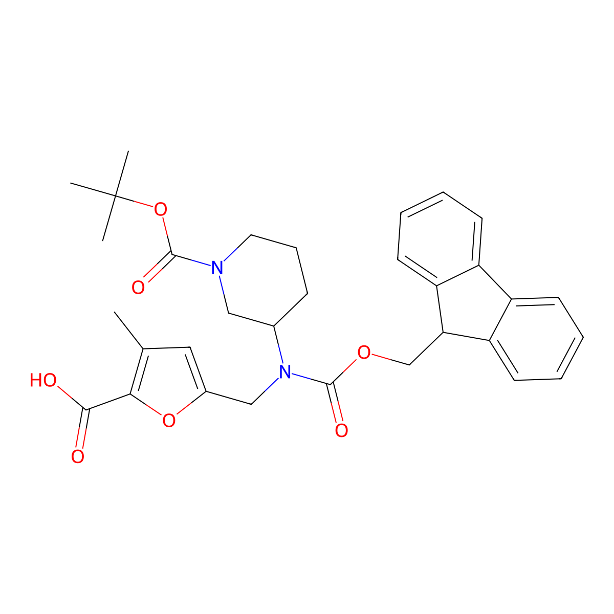 5-[({1-[(tert-butoxy)carbonyl]piperidin-3-yl}({[(9H-fluoren-9-yl)methoxy]carbonyl})amino)methyl]-3-methylfuran-2-carboxylic acid molecular structure, CAS 2137645-81-7