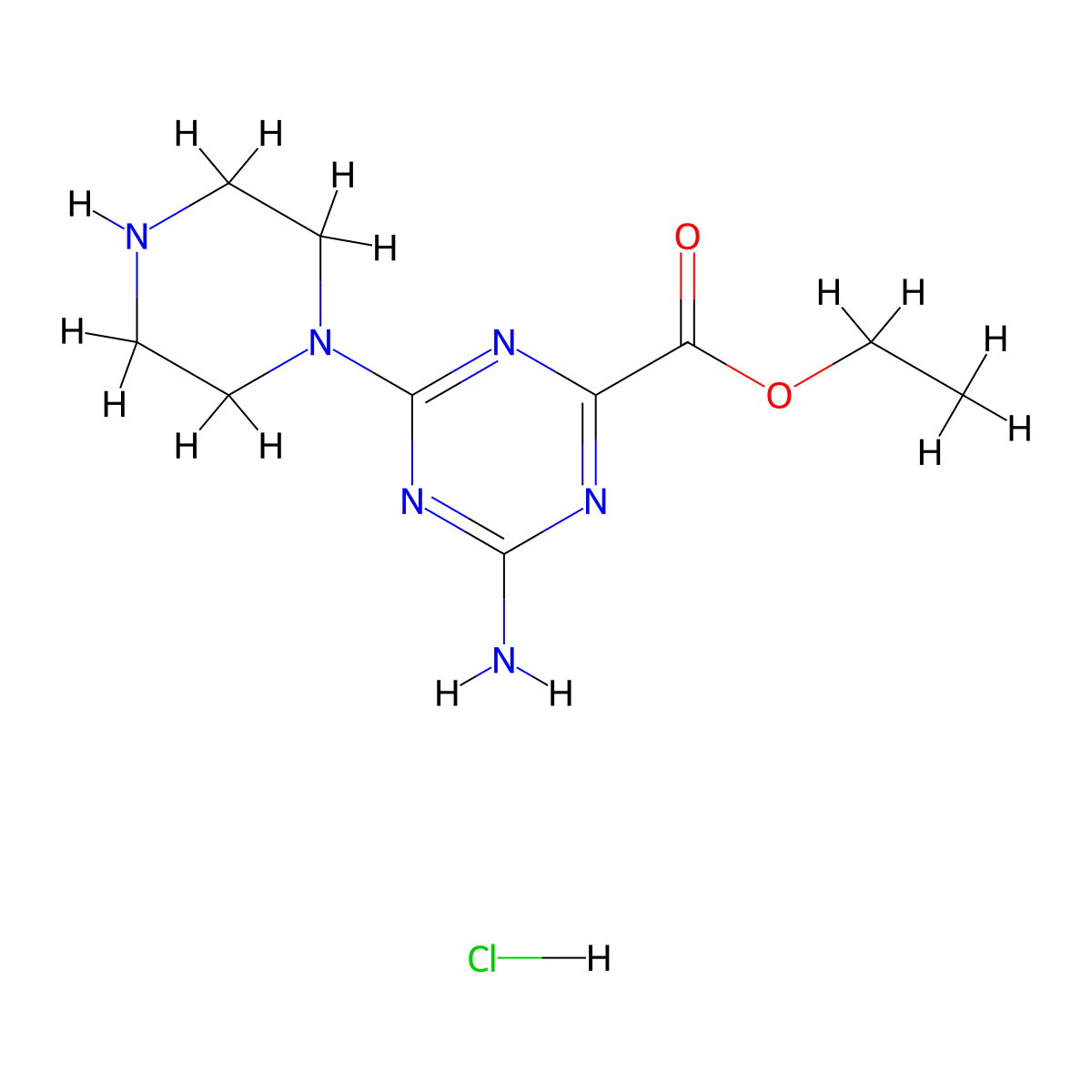 Ethyl 4-amino-6-(piperazin-1-yl)-1,3,5-triazine-2-carboxylate hydrochloride molecular structure, CAS 2137647-53-9
