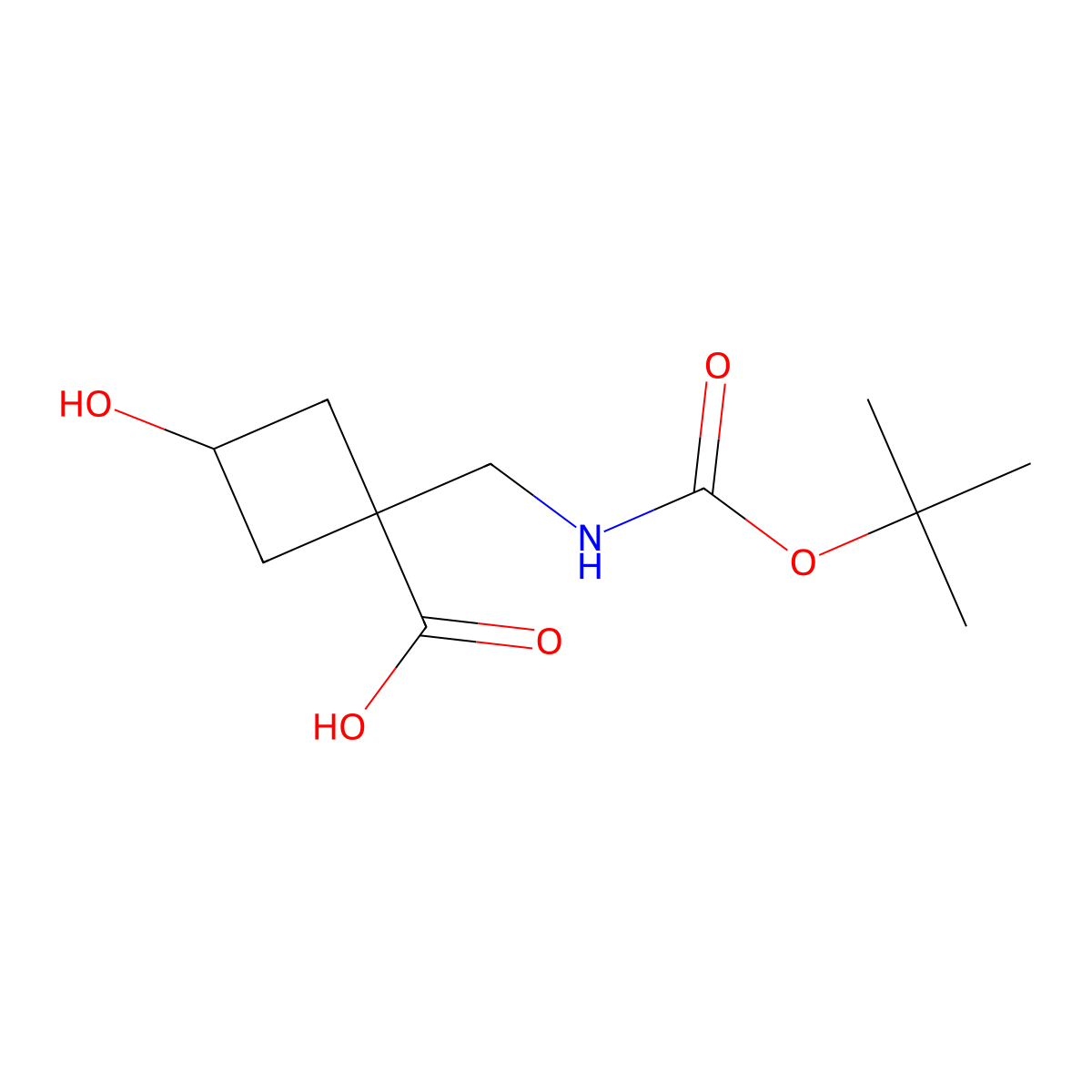 1-((((Tert-butoxy)carbonyl)amino)methyl)-3-hydroxycyclobutane-1-carboxylic acid molecular structure, CAS 2137648-38-3