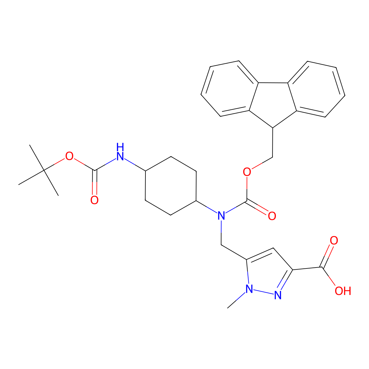 5-{[(4-{[(tert-butoxy)carbonyl]amino}cyclohexyl)({[(9H-fluoren-9-yl)methoxy]carbonyl})amino]methyl}-1-methyl-1H-pyrazole-3-carboxylic acid molecular structure, CAS 2137686-12-3
