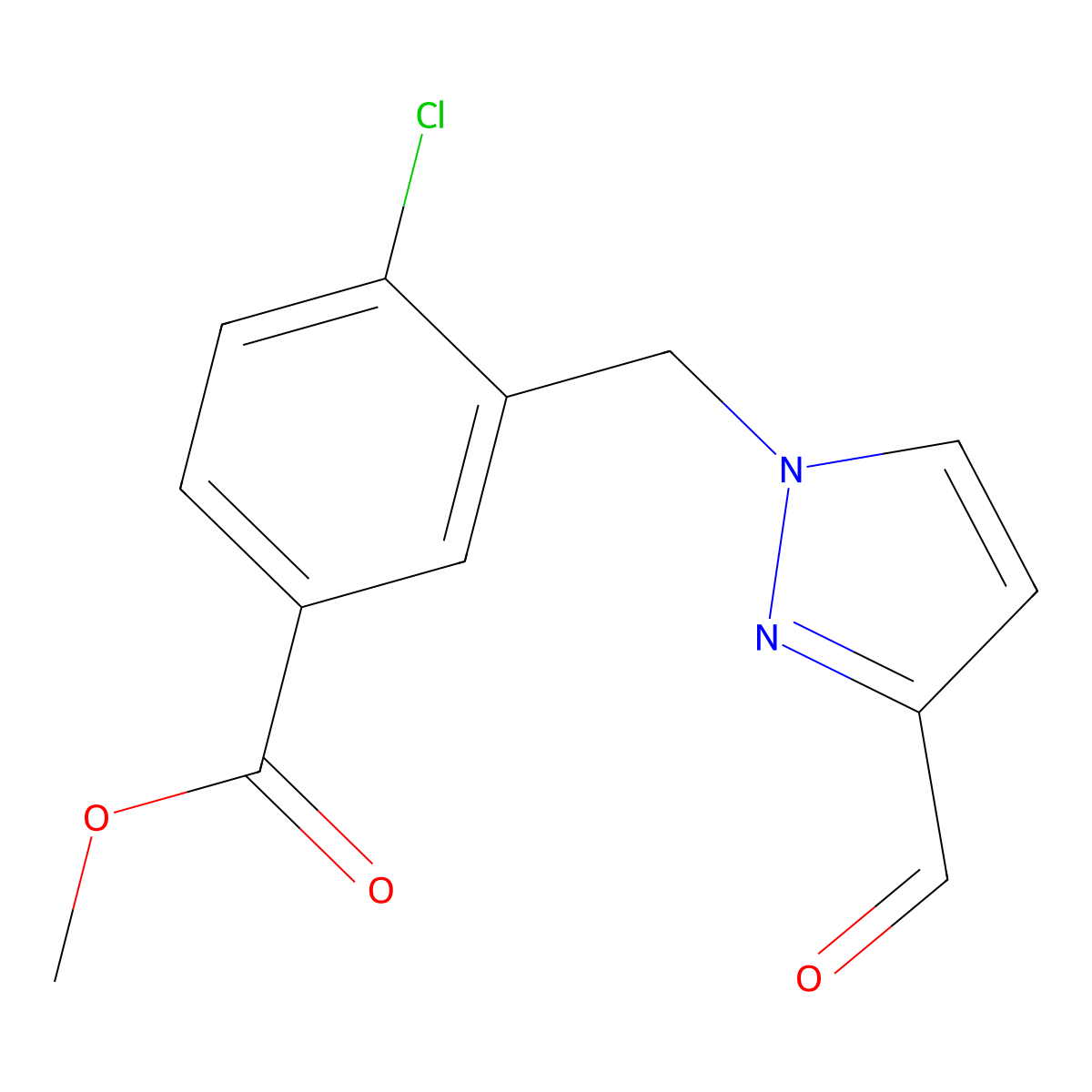 methyl 4-chloro-3-((3-formyl-1H-pyrazol-1-yl)methyl)benzoate molecular structure, CAS 2137686-98-5