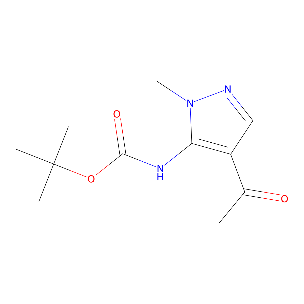 tert-butyl N-(4-acetyl-1-methyl-1H-pyrazol-5-yl)carbamate molecular structure, CAS 2137695-75-9
