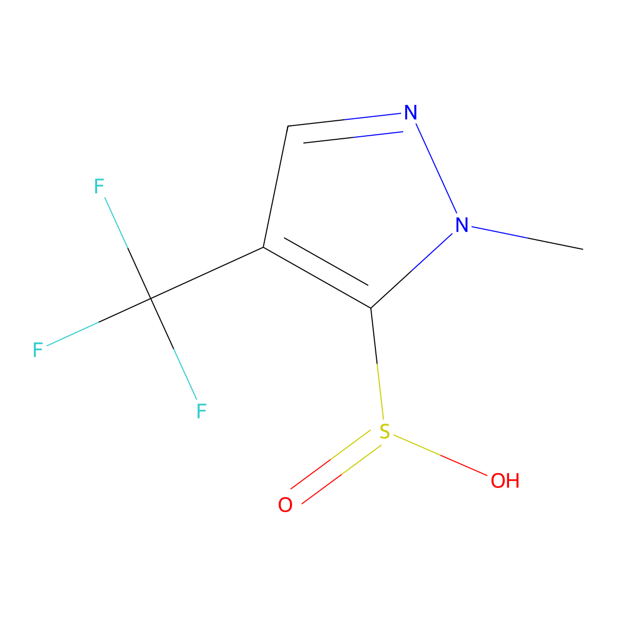 1-methyl-4-(trifluoromethyl)-1H-pyrazole-5-sulfinic acid molecular structure, CAS 2137702-72-6