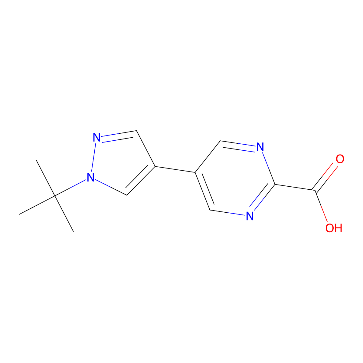 5-(1-tert-butyl-1H-pyrazol-4-yl)pyrimidine-2-carboxylic acid molecular structure, CAS 2137714-98-6