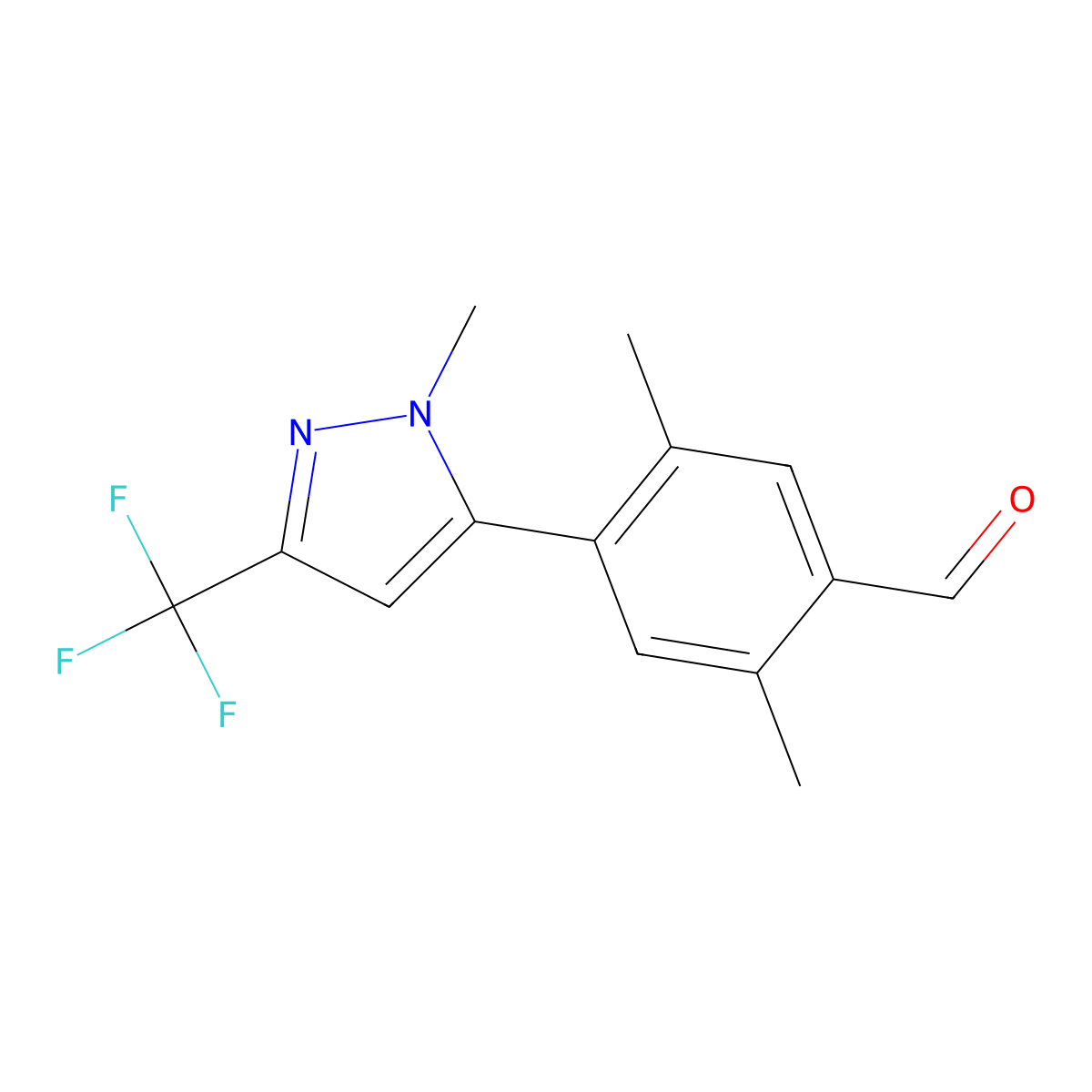 2,5-dimethyl-4-[1-methyl-3-(trifluoromethyl)-1H-pyrazol-5-yl]benzaldehyde molecular structure, CAS 2137726-15-7