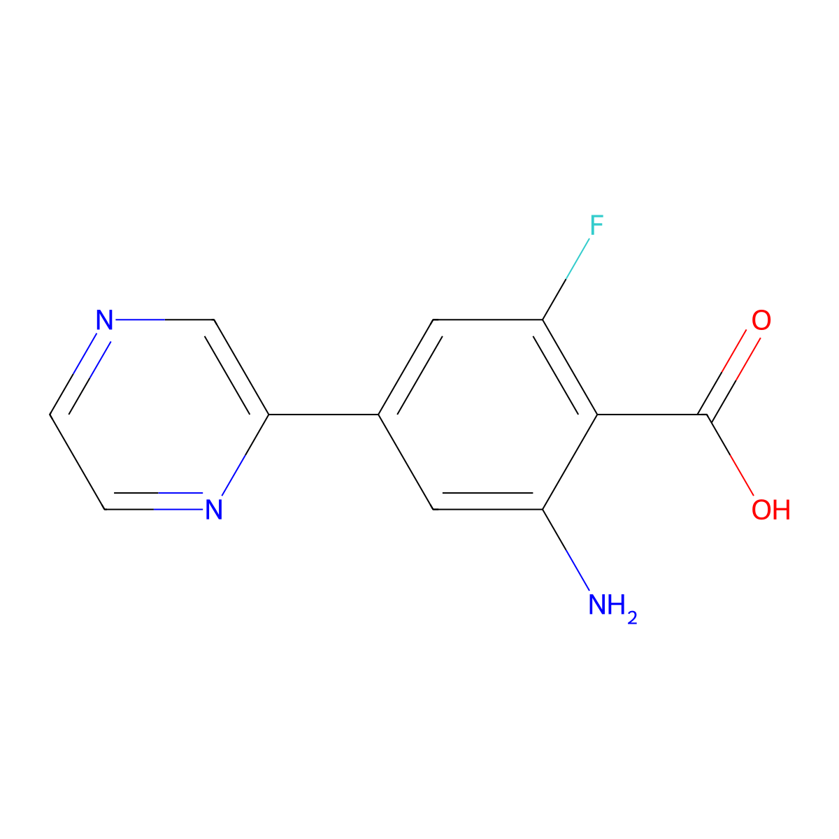 2-Amino-6-fluoro-4-(pyrazin-2-yl)benzoic acid molecular structure, CAS 2137727-63-8