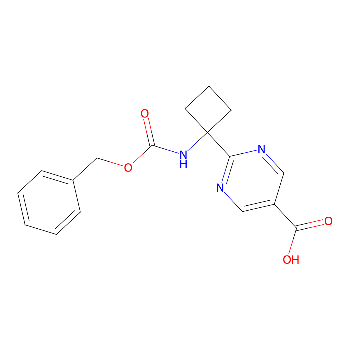 2-(1-{[(Benzyloxy)carbonyl]amino}cyclobutyl)pyrimidine-5-carboxylic acid molecular structure, CAS 2137738-48-6