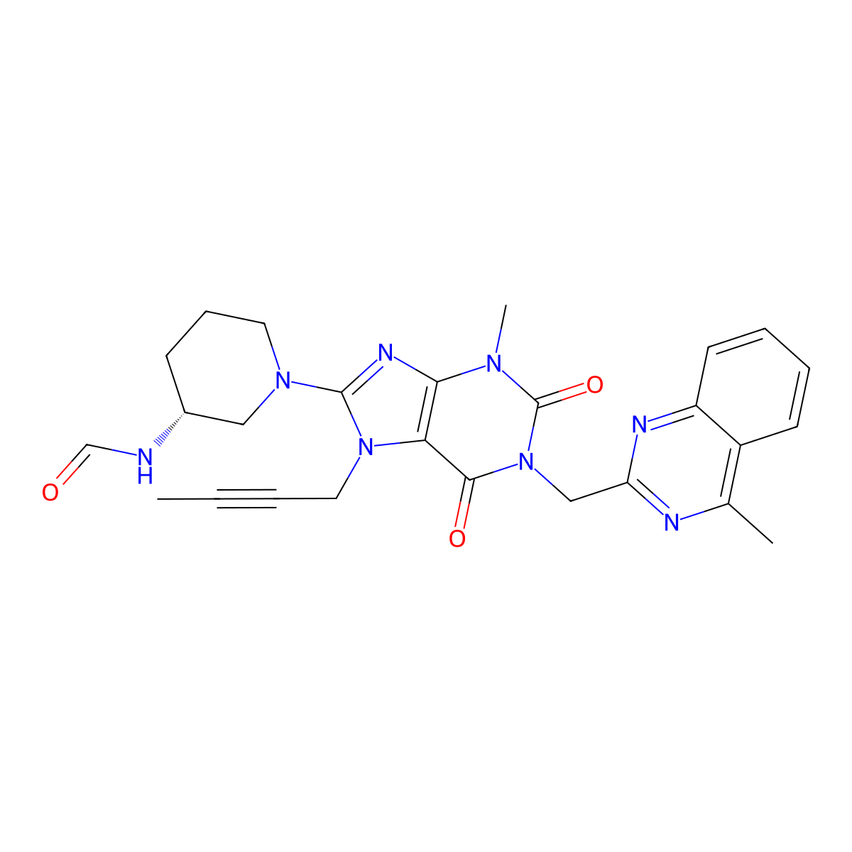 (R)-N-(1-(7-(but-2-yn-1-yl)-3-methyl-1-((4-methylquinazolin-2-yl)methyl)-2,6-dioxo-2,3,6,7-tetrahydro-1H-purin-8-yl)piperidin-3-yl)formamide molecular structure, CAS 2137744-33-1