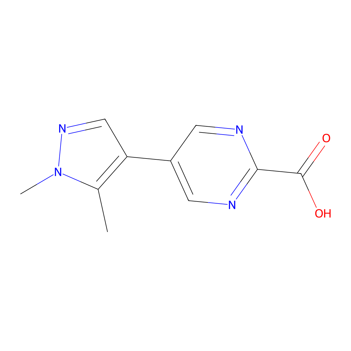 5-(1,5-dimethyl-1H-pyrazol-4-yl)pyrimidine-2-carboxylic acid molecular structure, CAS 2137754-04-0