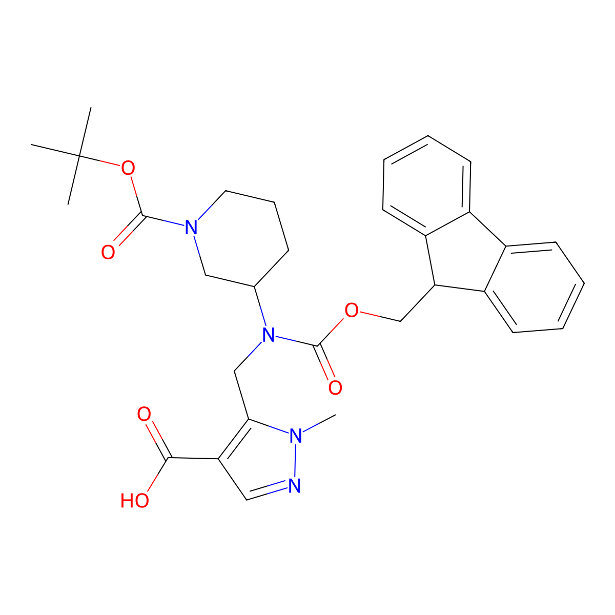 5-[({1-[(tert-butoxy)carbonyl]piperidin-3-yl}({[(9H-fluoren-9-yl)methoxy]carbonyl})amino)methyl]-1-methyl-1H-pyrazole-4-carboxylic acid molecular structure, CAS 2137772-28-0
