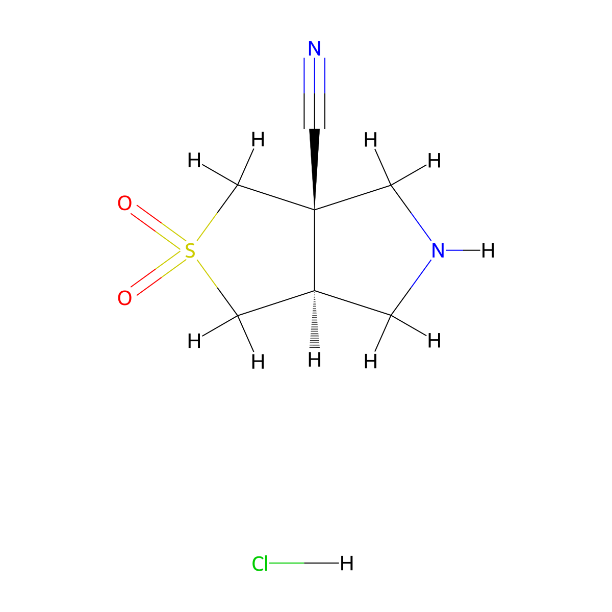 rac-(3aR,6aR)-2,2-dioxo-hexahydro-1H-2lambda6-thieno[3,4-c]pyrrole-3a-carbonitrile hydrochloride molecular structure, CAS 2137775-13-2