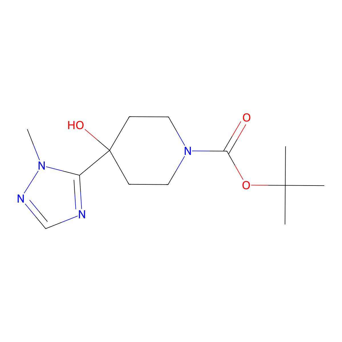 tert-butyl 4-hydroxy-4-(1-methyl-1H-1,2,4-triazol-5-yl)piperidine-1-carboxylate molecular structure, CAS 2137788-76-0