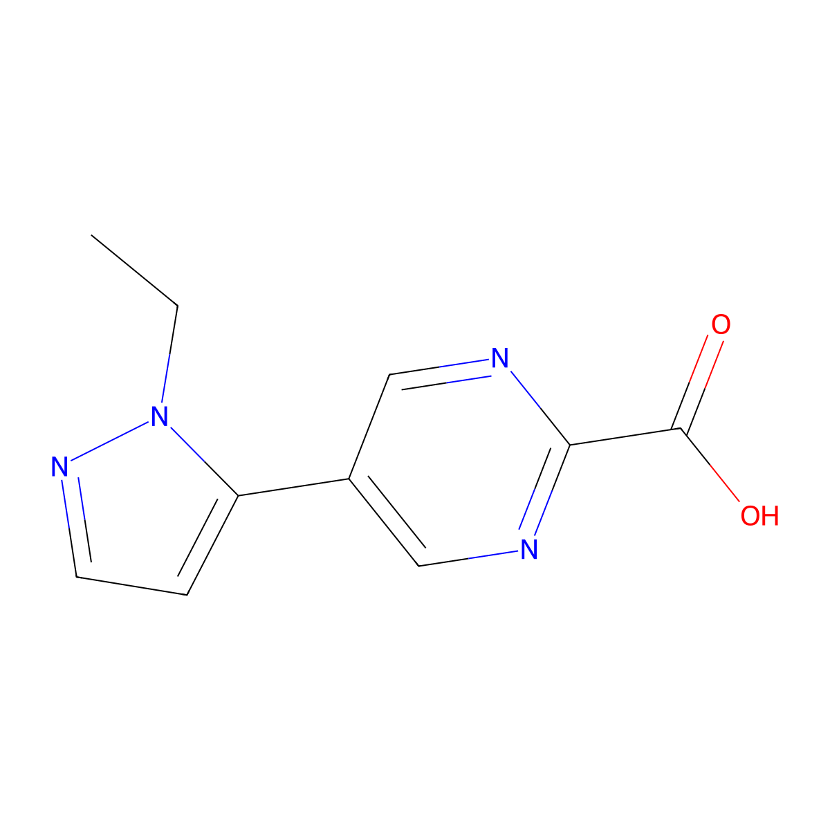 5-(1-ethyl-1H-pyrazol-5-yl)pyrimidine-2-carboxylic acid molecular structure, CAS 2137792-56-2
