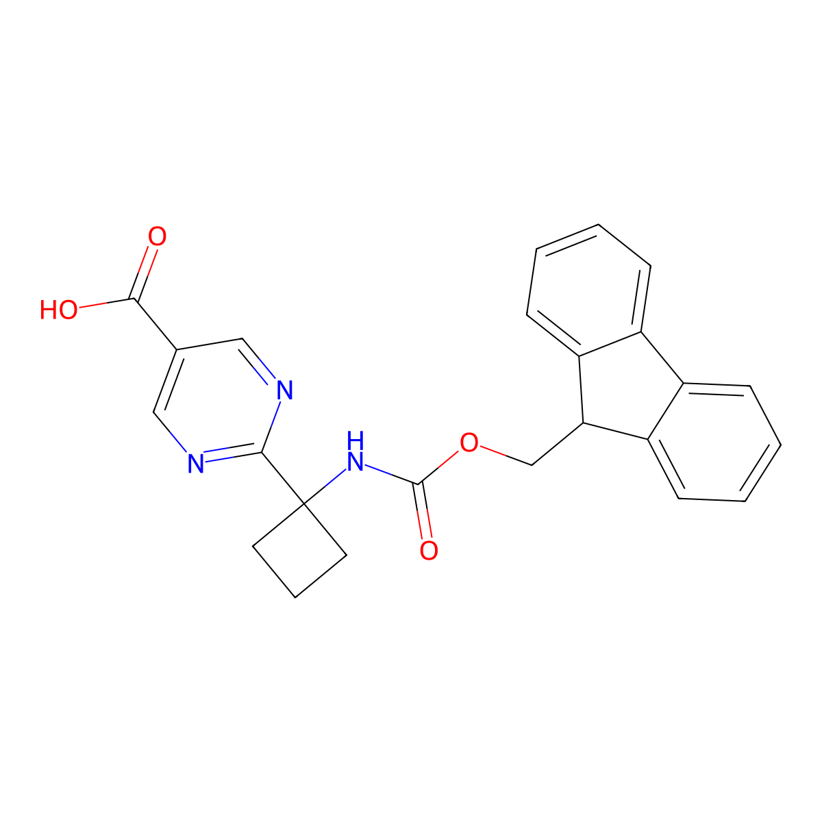 2-[1-({[(9H-fluoren-9-yl)methoxy]carbonyl}amino)cyclobutyl]pyrimidine-5-carboxylic acid molecular structure, CAS 2137799-47-2