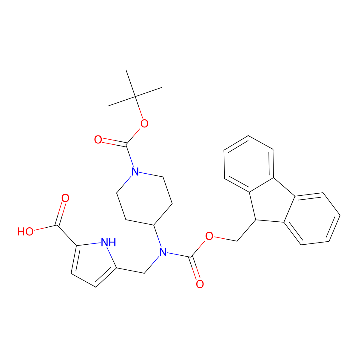5-[({1-[(tert-butoxy)carbonyl]piperidin-4-yl}({[(9H-fluoren-9-yl)methoxy]carbonyl})amino)methyl]-1H-pyrrole-2-carboxylic acid molecular structure, CAS 2137804-08-9
