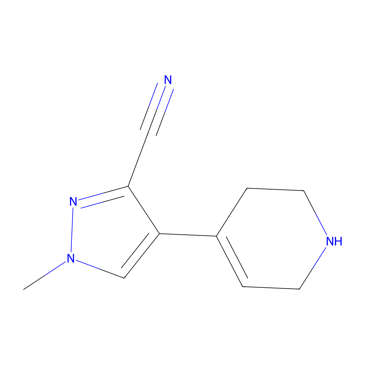 1-methyl-4-(1,2,3,6-tetrahydropyridin-4-yl)-1H-pyrazole-3-carbonitrile molecular structure, CAS 2137814-71-0