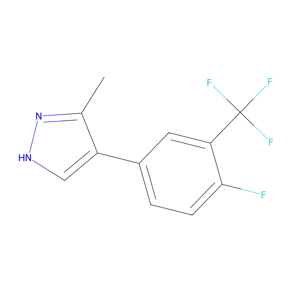 4-[4-fluoro-3-(trifluoromethyl)phenyl]-3-methyl-1H-pyrazole molecular structure, CAS 2137816-26-1