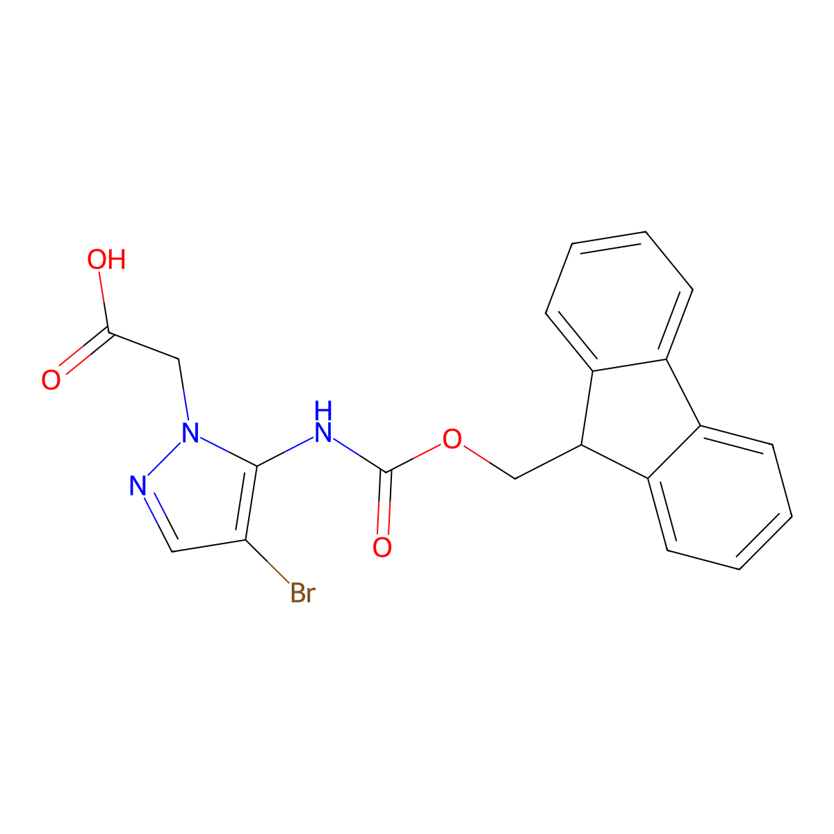 2-[4-bromo-5-({[(9H-fluoren-9-yl)methoxy]carbonyl}amino)-1H-pyrazol-1-yl]acetic acid molecular structure, CAS 2137816-72-7