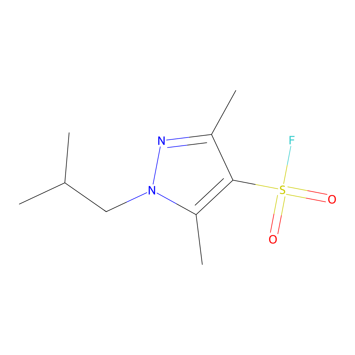 3,5-dimethyl-1-(2-methylpropyl)-1H-pyrazole-4-sulfonyl fluoride molecular structure, CAS 2137818-92-7