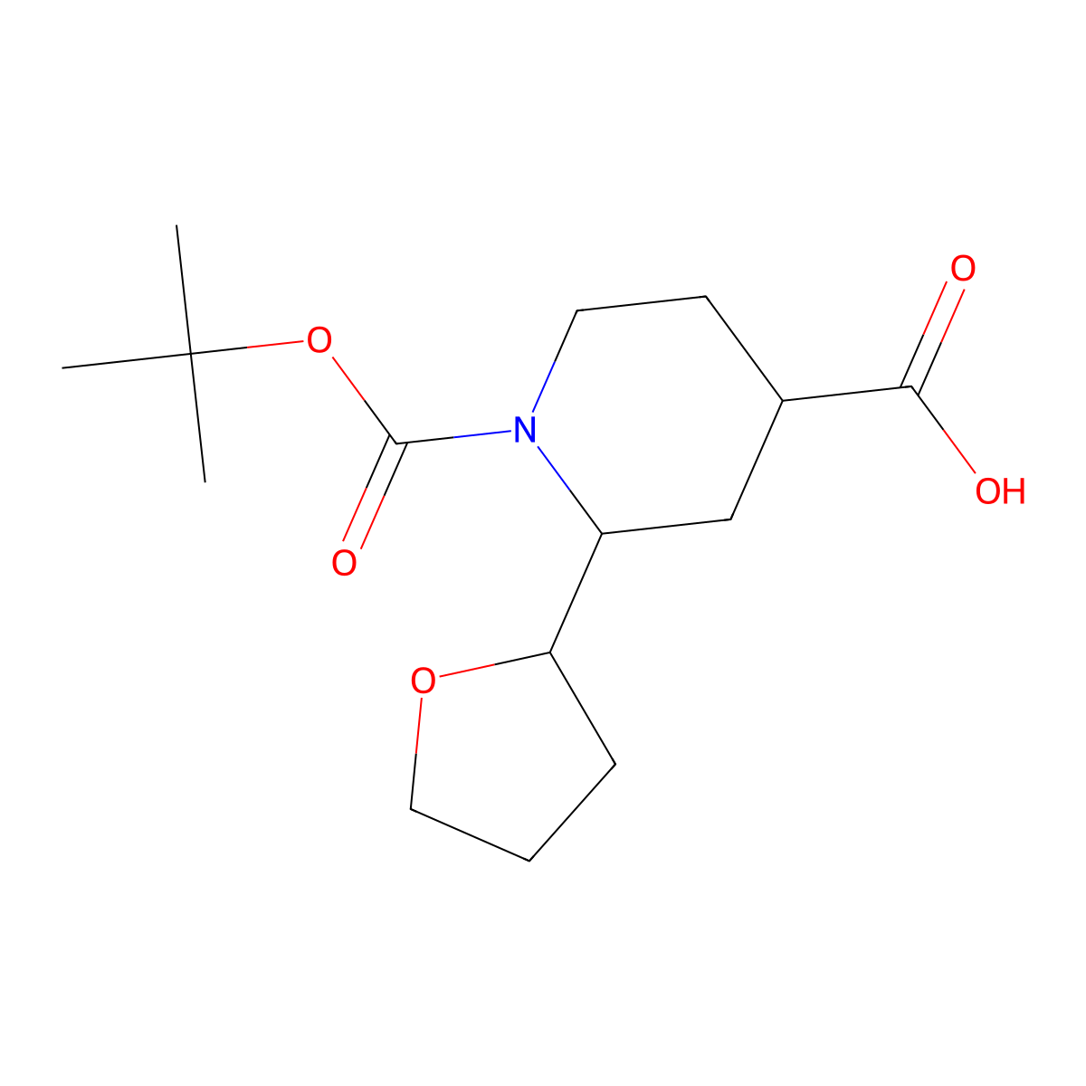 1-[(tert-butoxy)carbonyl]-2-(oxolan-2-yl)piperidine-4-carboxylic acid, Mixture of diastereomers molecular structure, CAS 2137823-05-1