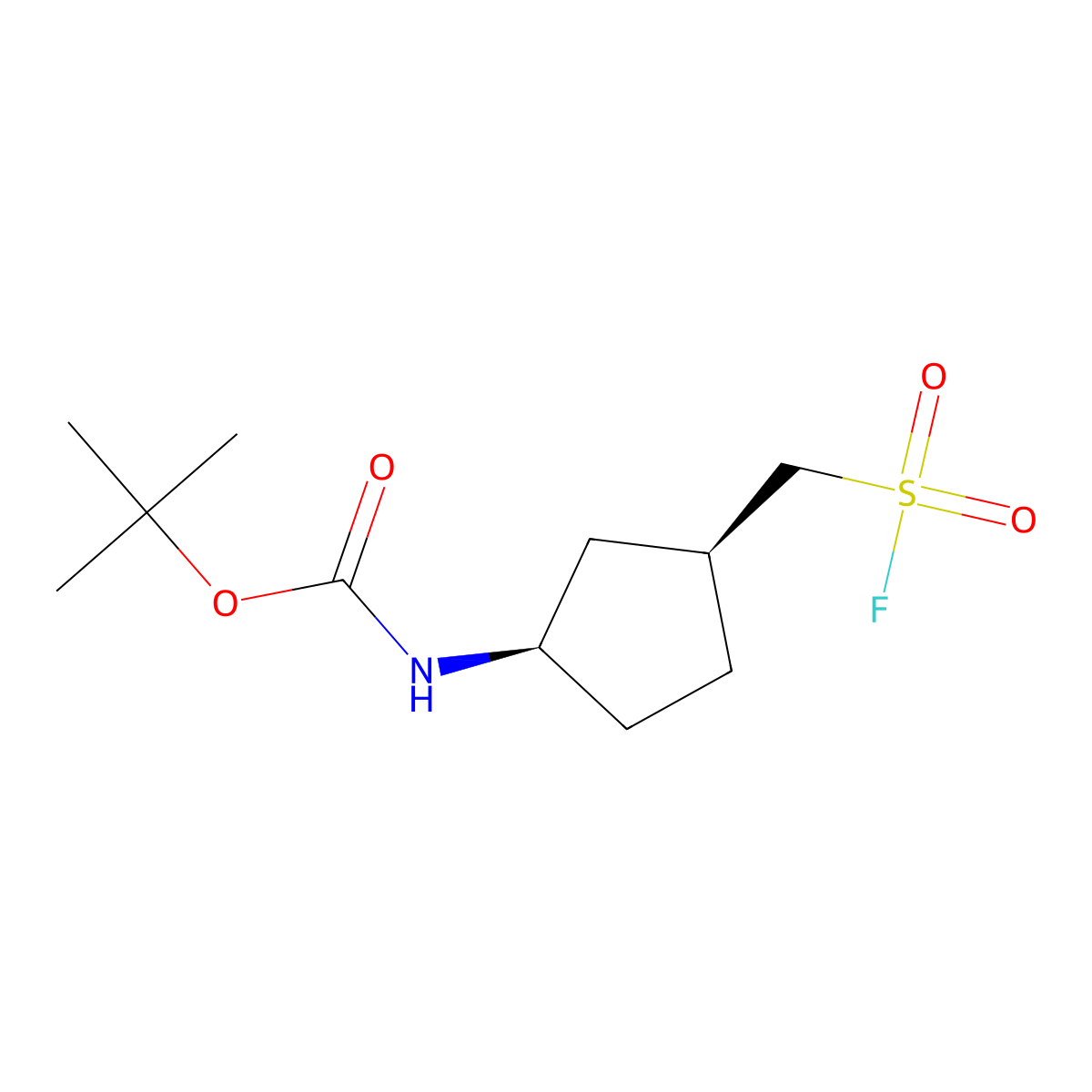 rac-tert-butyl N-[(1R,3S)-3-[(fluorosulfonyl)methyl]cyclopentyl]carbamate, cis molecular structure, CAS 2137832-95-0