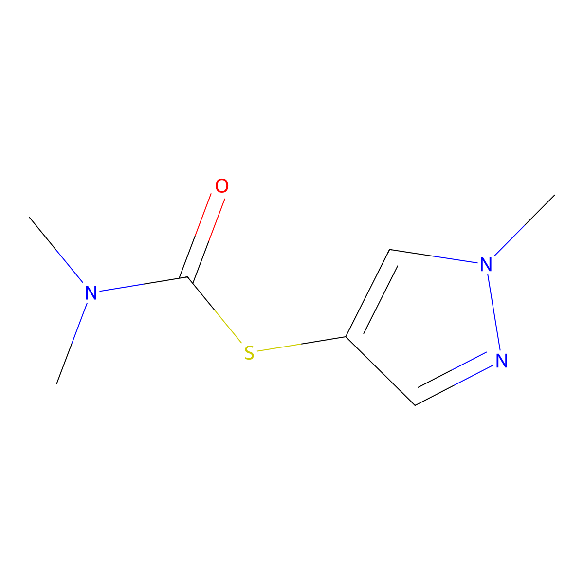 N,N-dimethyl-1-[(1-methyl-1H-pyrazol-4-yl)sulfanyl]formamide molecular structure, CAS 2137858-72-9
