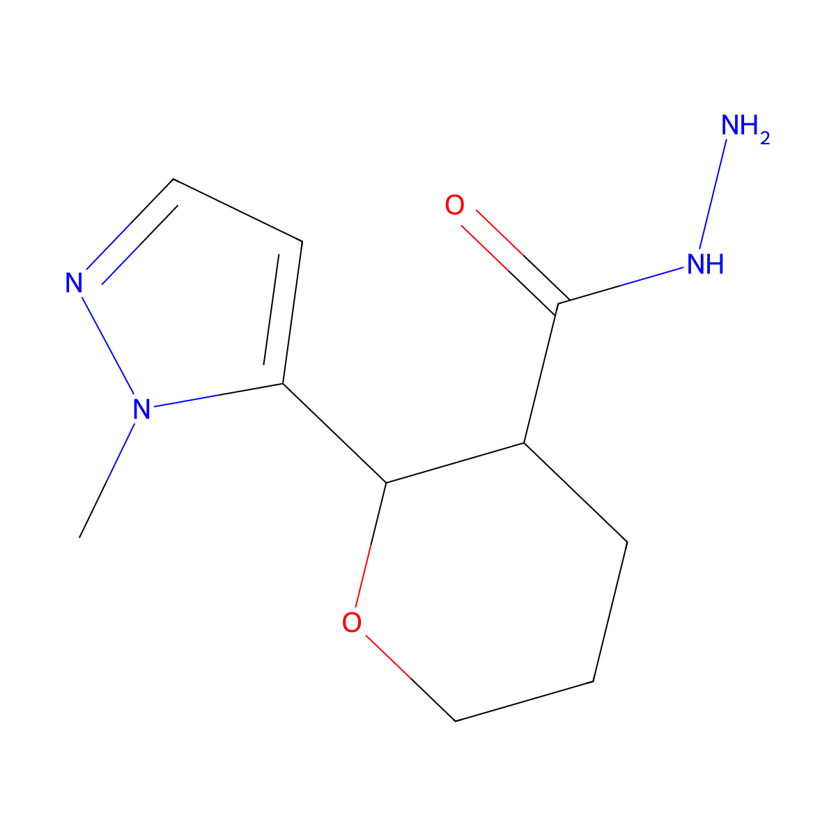 2-(1-methyl-1H-pyrazol-5-yl)oxane-3-carbohydrazide molecular structure, CAS 2137877-95-1