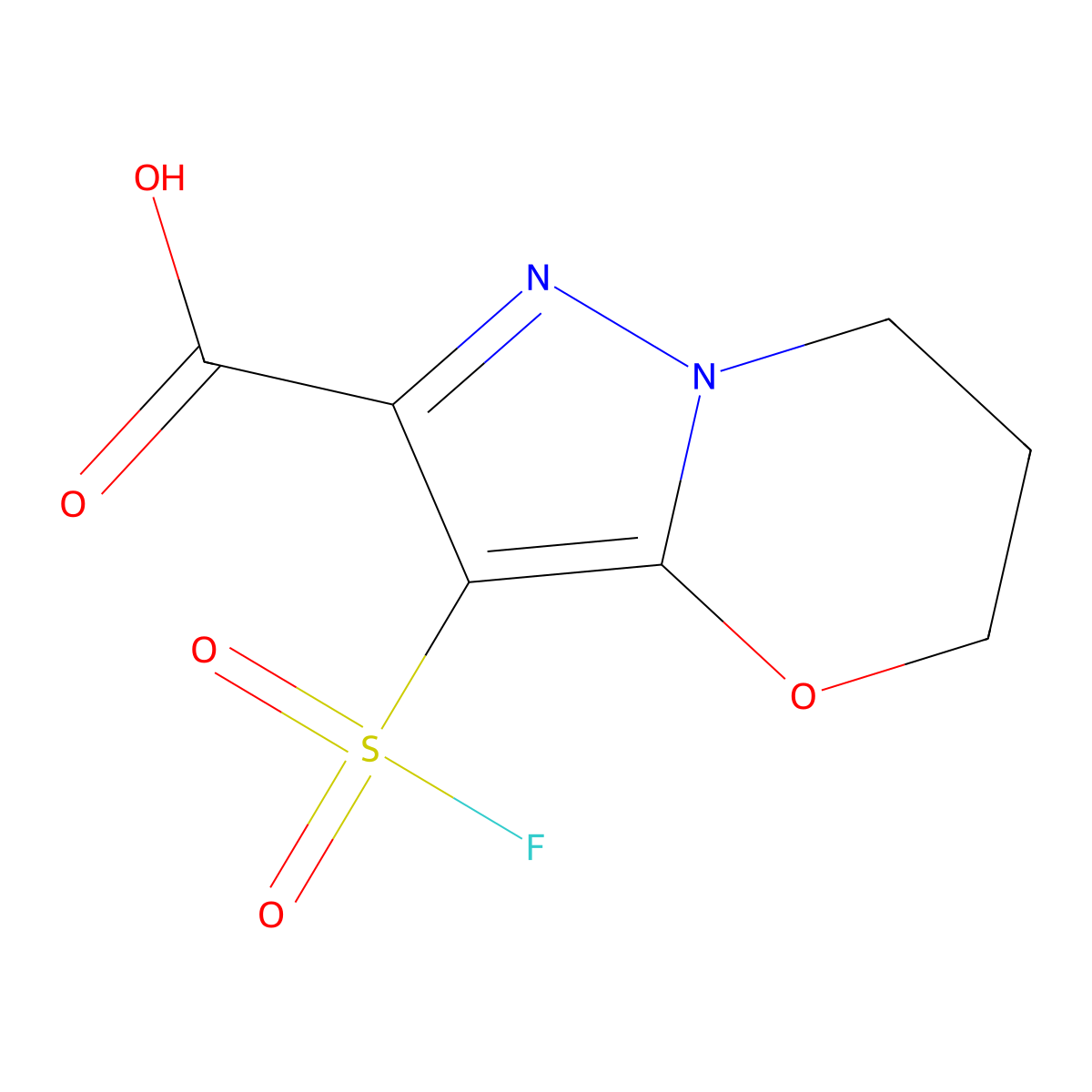 3-(fluorosulfonyl)-5H,6H,7H-pyrazolo[3,2-b][1,3]oxazine-2-carboxylic acid molecular structure, CAS 2137878-56-7