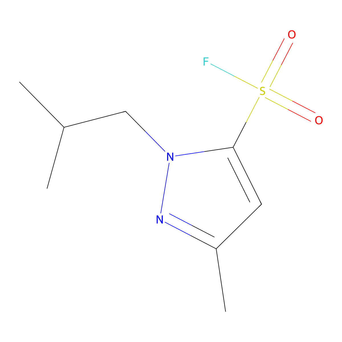 3-methyl-1-(2-methylpropyl)-1H-pyrazole-5-sulfonyl fluoride molecular structure, CAS 2137878-81-8