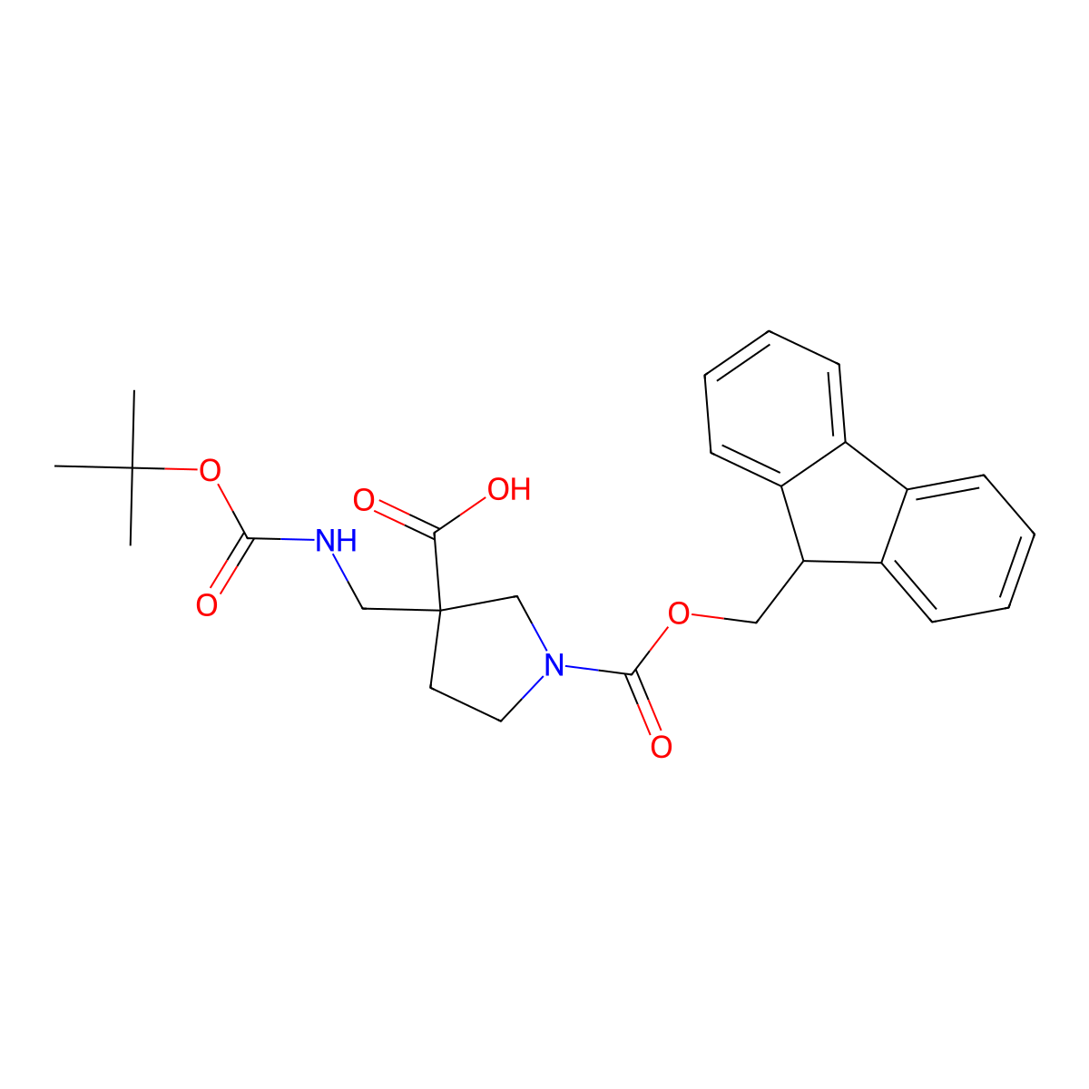 3-({[(tert-butoxy)carbonyl]amino}methyl)-1-{[(9H-fluoren-9-yl)methoxy]carbonyl}pyrrolidine-3-carboxylic acid molecular structure, CAS 2137895-30-6