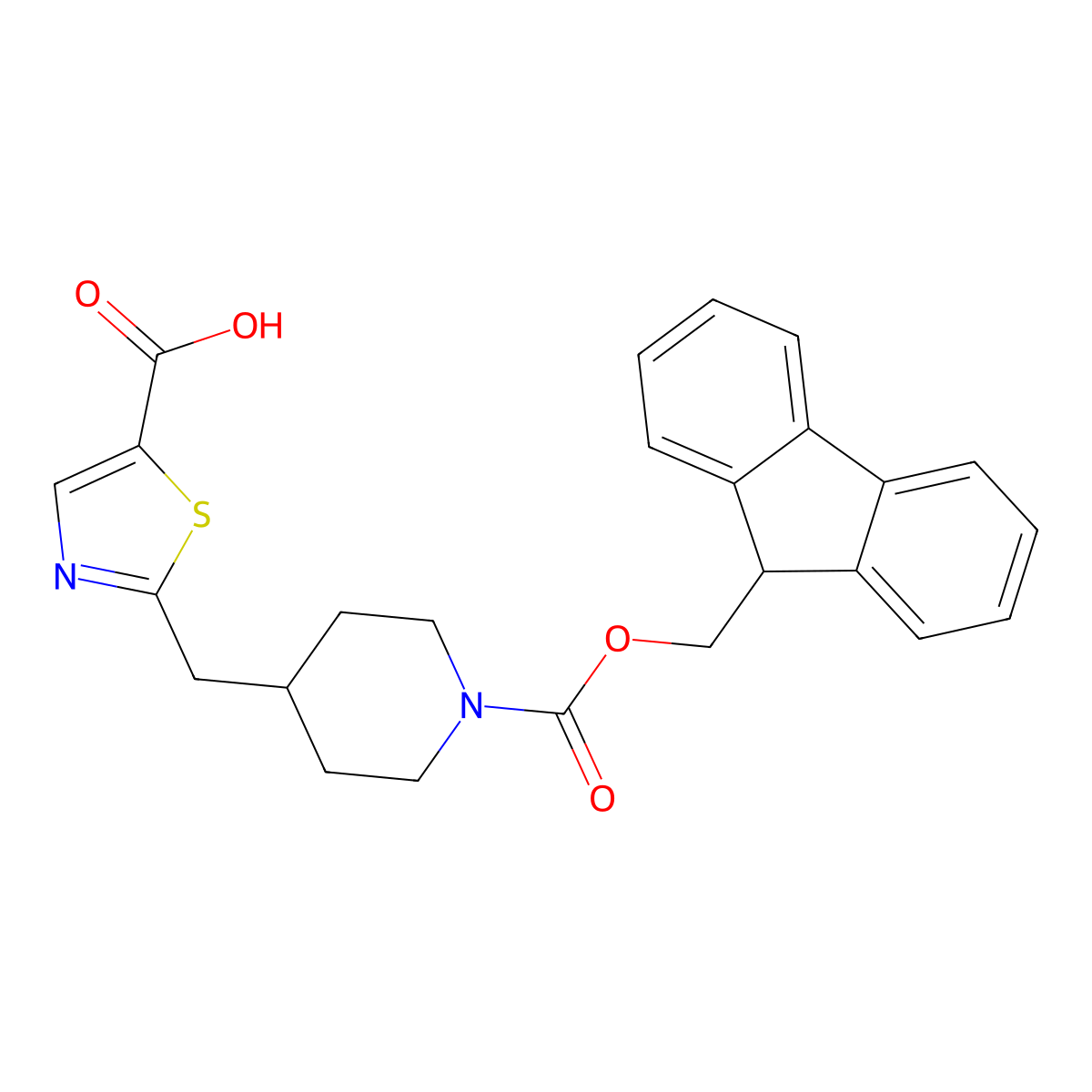 2-((1-(((9H-fluoren-9-yl)methoxy)carbonyl)piperidin-4-yl)methyl)-1,3-thiazole-5-carboxylic acid molecular structure, CAS 2137931-76-9