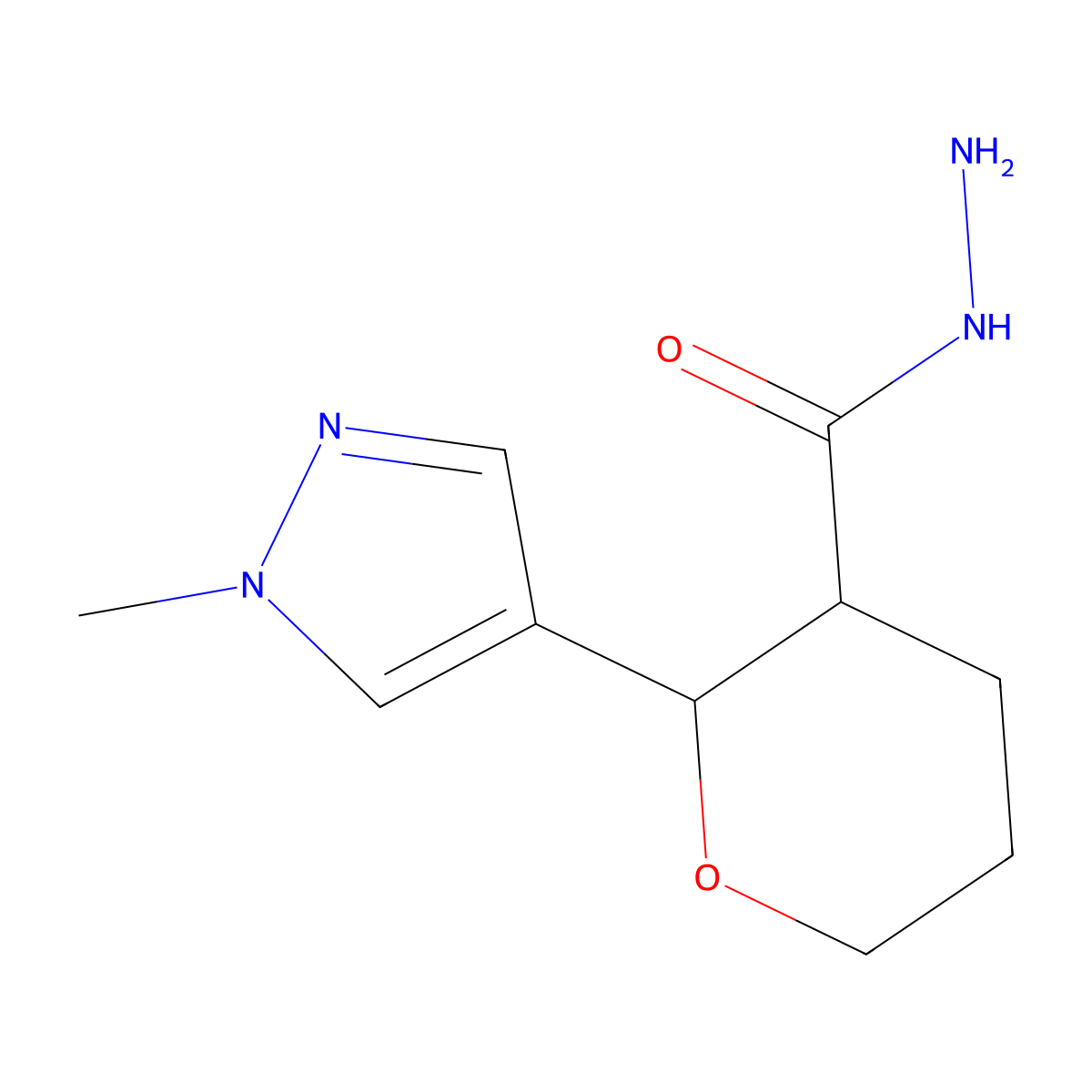 2-(1-methyl-1H-pyrazol-4-yl)oxane-3-carbohydrazide molecular structure, CAS 2137950-38-8